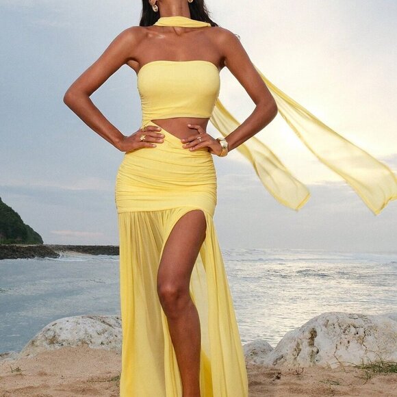 Yellow Women's Beach Sexy Elegant Wedding Maxi Dress w/scarf - Picture 7 of 7